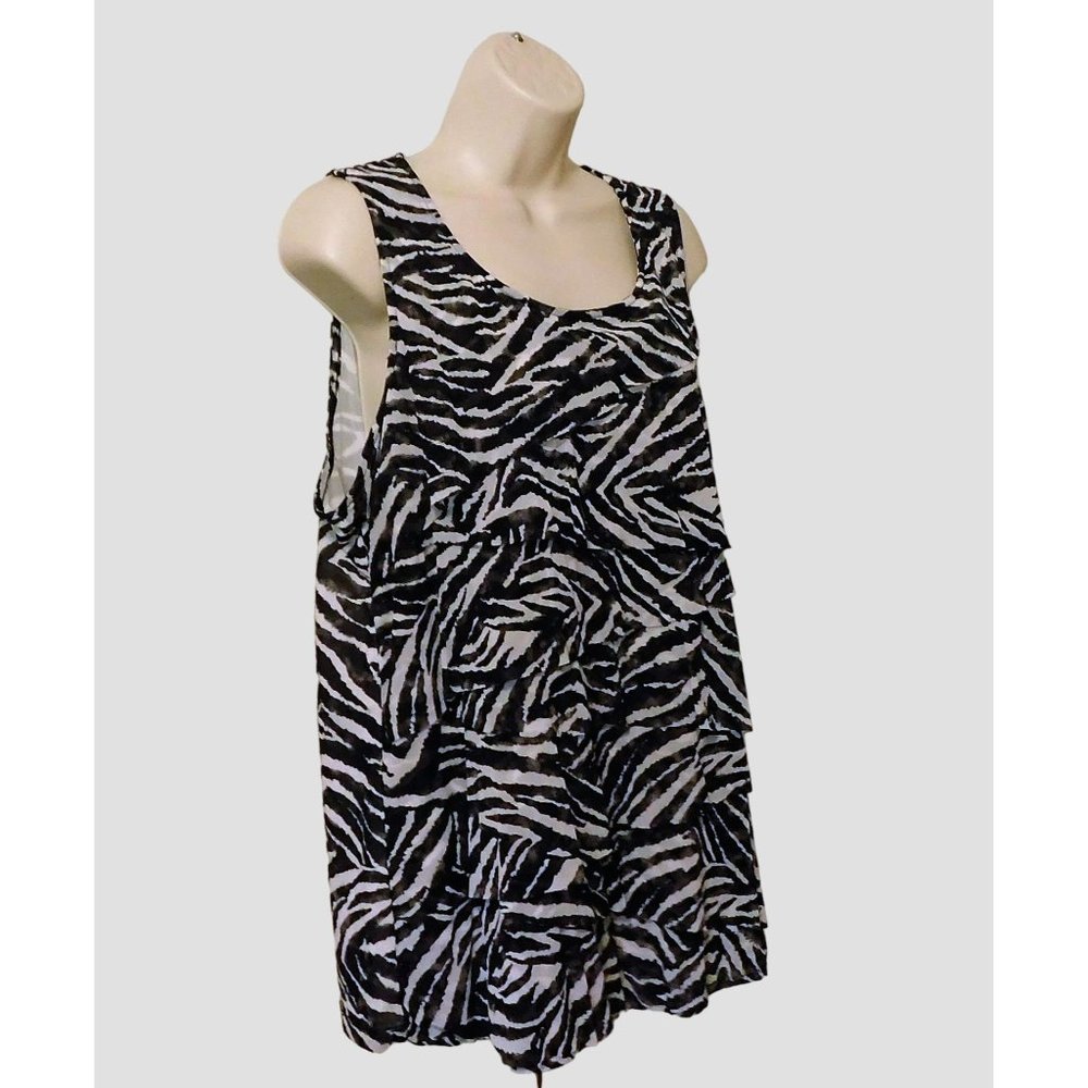 Chicos 3 Tiered Shell Tank Top XL 16 Black White Animal Zebra Print Sleeveless - Picture 3 of 6